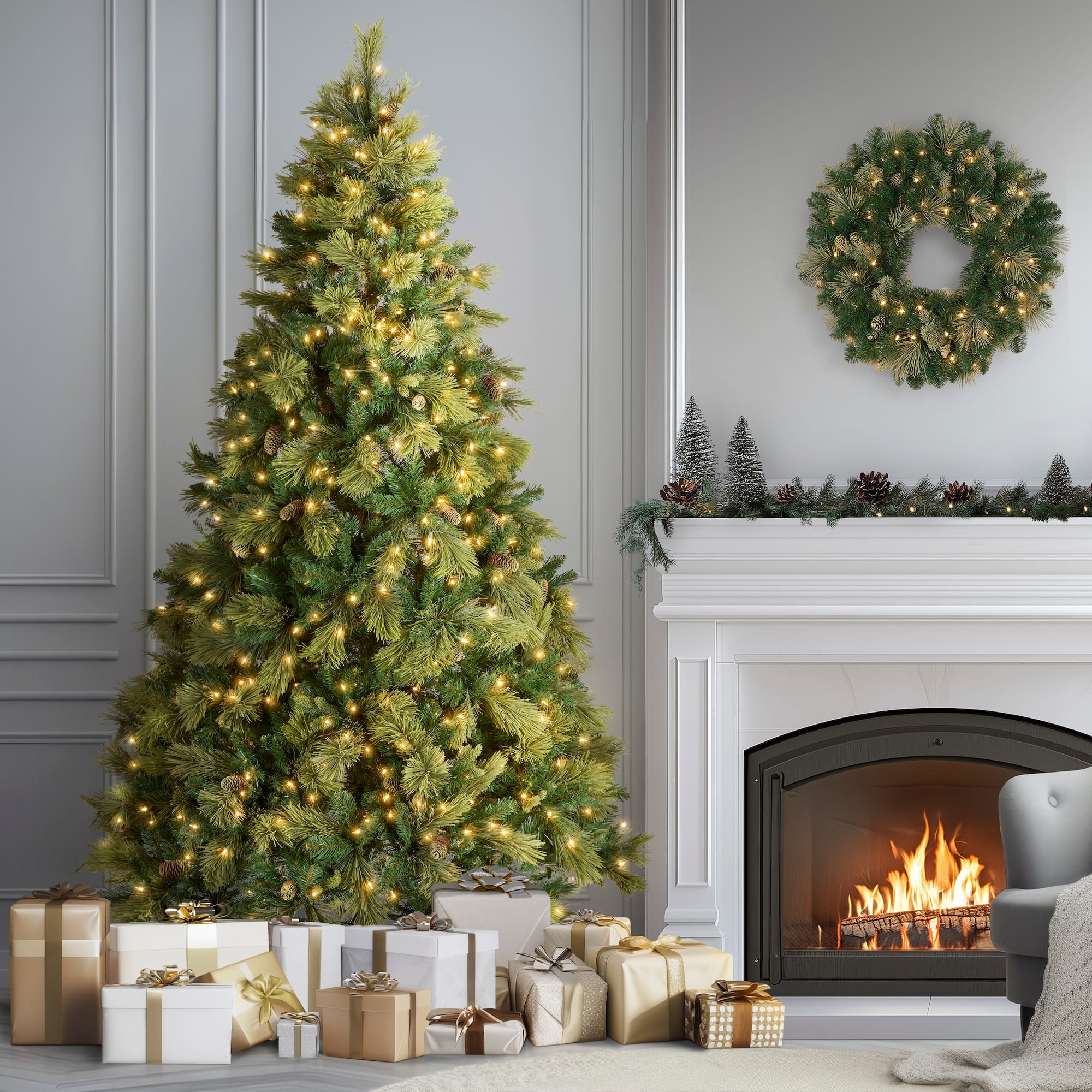 7.5 ft. Pre-lit Hinged Carolina Pine Full Artificial Christmas Tree, Clear Lights